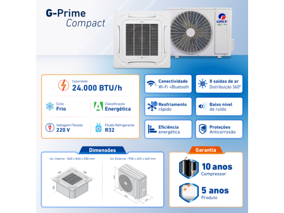 Ar-Condicionado Cassete 8 Vias Inverter 24.000 BTUs Gree G-Prime Compact Frio R-32 220v Monofásico Produto Ar-Condicionado Cassete 8 Vias Inverter 24.000 BTUs Gree G-Prime Compact Frio R-32 220v Monofásico