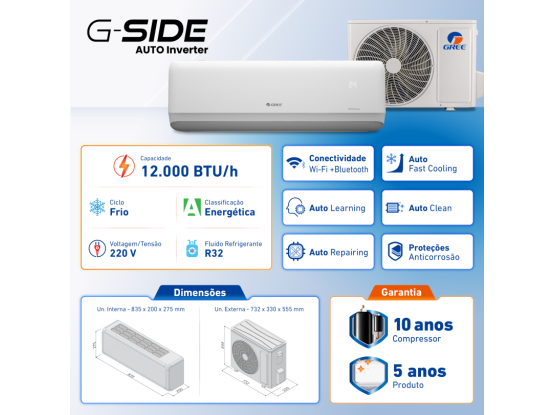 Produto Ar-Condicionado Split Inverter 12.000 BTUs Gree G-Side Auto Inverter R-32 Frio 220v