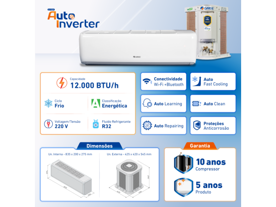 Produto Ar-Condicionado Split Inverter 12.000 BTUs Gree G-Top Auto Frio R-32 220v