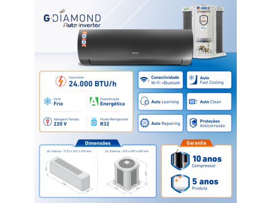 Produto Ar-Condicionado Split Inverter 24.000 BTUs Gree G-Diamond Auto Inverter Wi-Fi R-32 Frio 220v