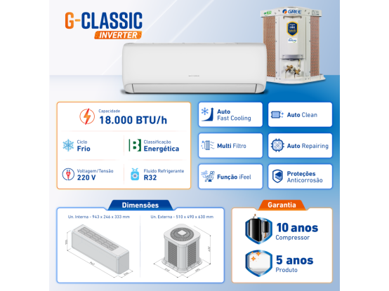 Produto Ar-Condicionado Split Inverter 27.000 BTUs Gree G-Classic Frio R-32 220v