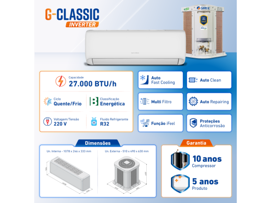 Ar-Condicionado Split Inverter 27.000 BTUs Gree G-Classic R-32 Quente e Frio 220v Produto Ar-Condicionado Split Inverter 27.000 BTUs Gree G-Classic R-32 Quente e Frio 220v