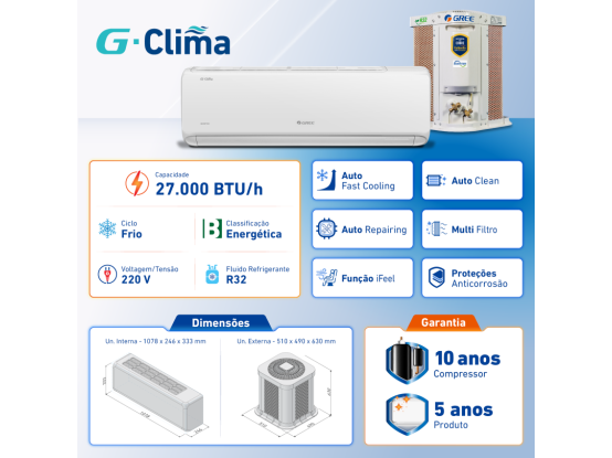 Ar-Condicionado Split Inverter 27.000 BTUs Gree G-Clima Frio R-32 220v Produto Ar-Condicionado Split Inverter 27.000 BTUs Gree G-Clima Frio R-32 220v