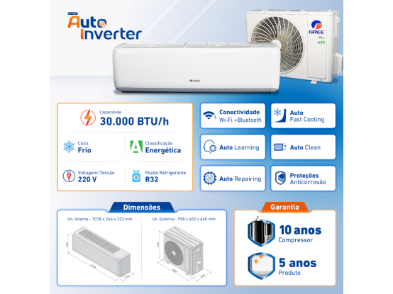 Ar-Condicionado Split Inverter 30.000 BTUs Gree G-Top Auto R-32 Frio 220v Produto Ar-Condicionado Split Inverter 30.000 BTUs Gree G-Top Auto R-32 Frio 220v