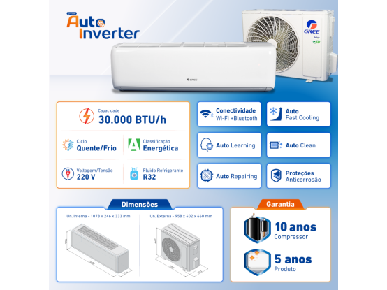 Ar-Condicionado Split Inverter 30.000 BTUs Gree G-Top Auto R-32 Quente e Frio 220v Produto Ar-Condicionado Split Inverter 30.000 BTUs Gree G-Top Auto R-32 Quente e Frio 220v