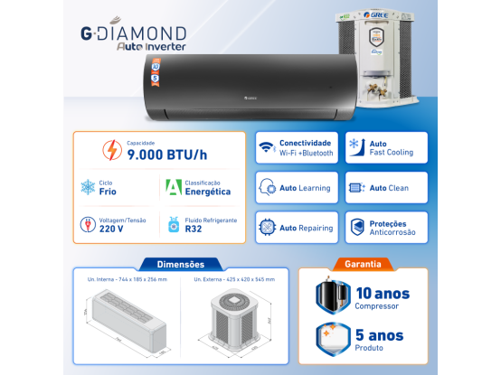 Ar-Condicionado Split Inverter 9.000 BTUs Gree G-Diamond Auto Inverter Wi-Fi R-32 Frio 220v Produto Ar-Condicionado Split Inverter 9.000 BTUs Gree G-Diamond Auto Inverter Wi-Fi R-32 Frio 220v