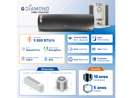 Ar-Condicionado Split Inverter 9.000 BTUs Gree G-Diamond Auto Inverter Wi-Fi R-32 Quente e Frio 220v Produto Ar-Condicionado Split Inverter 9.000 BTUs Gree G-Diamond Auto Inverter Wi-Fi R-32 Quente e Frio 220v