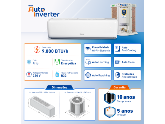 Ar-Condicionado Split Inverter 9.000 BTUs Gree G-Top Auto R-32 Frio 220v Produto Ar-Condicionado Split Inverter 9.000 BTUs Gree G-Top Auto R-32 Frio 220v